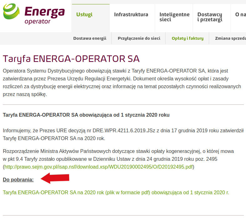 Taryfa ENERGA-OPERATOR SA na 2020 rok (plik w formacie pdf) obowizujca od 1 stycznia 2020 r.