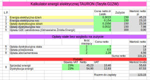 Kalkulator energii elektrycznej TAURON (Taryfa G12W)